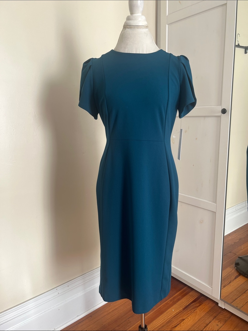 Calvin Klein Teal Blue Short Puff Sleeve Sheath Midi Dress Size 12 NWT Work